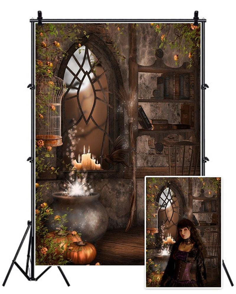 AOFOTO 5x7ft Vintage Magic Room Background Witch Magical Potion Photography Backdrop Medieval Wizard Candle Pumpkin Broom Bookshelf Boy Girl Child Kid Portrait Halloween Photo Studio Props Wallpaper - Image 1